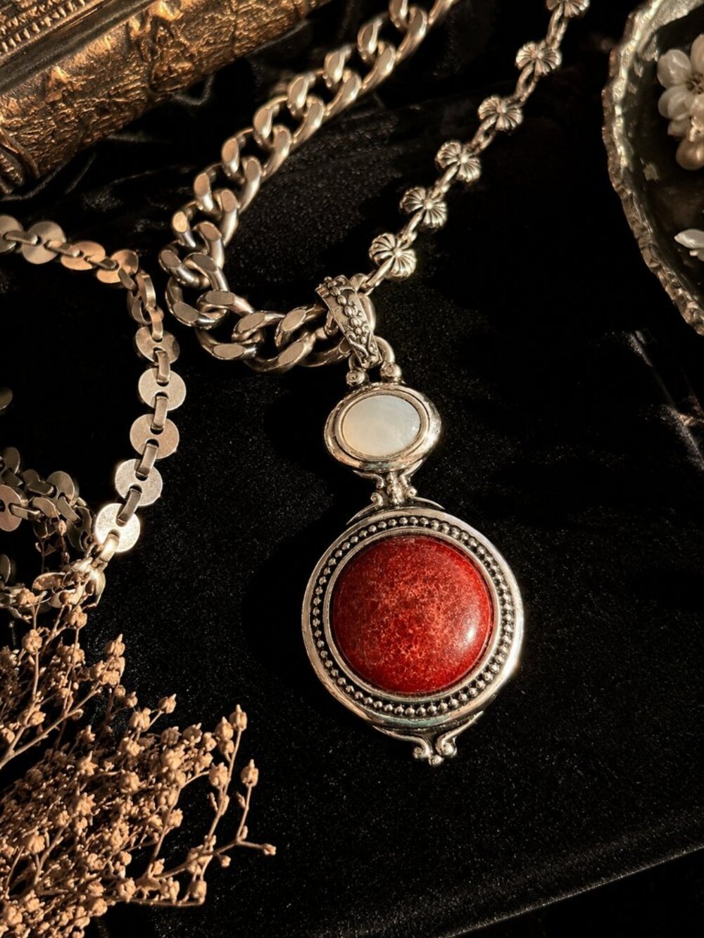 Vintage Lia Sophia Red Cabochon Pendant Silver Tone Enhancer